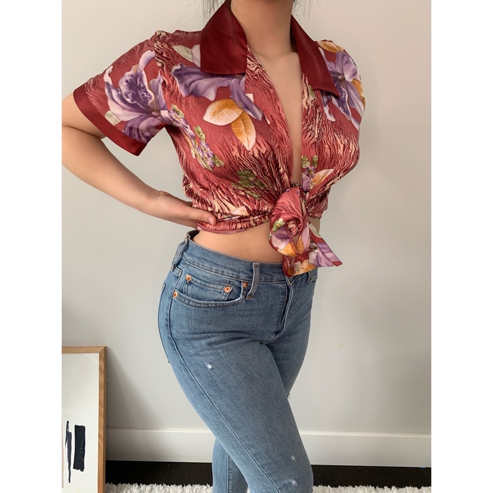 VINTAGE silky button up floral blouse